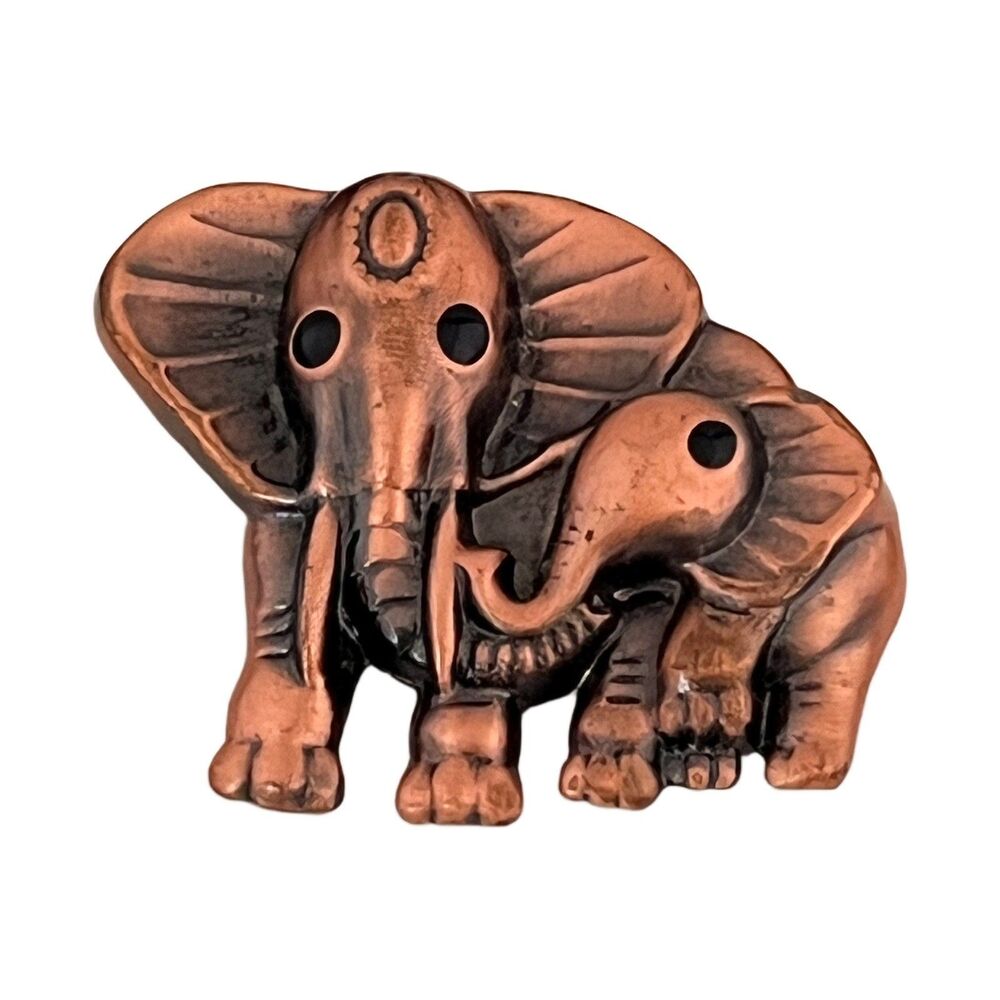 Vintage 1980s Elephant Brooch Mother & Calf Copper Tone Figural - 1K